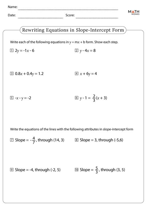 Slope Intercept Form Worksheets with Answer Key