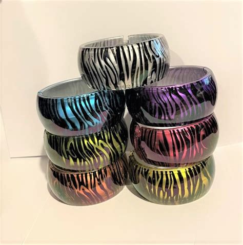 Wide Metallic Zebra Print Hinged Bracelet , Lucite Bangle Cuff Bracelet ...