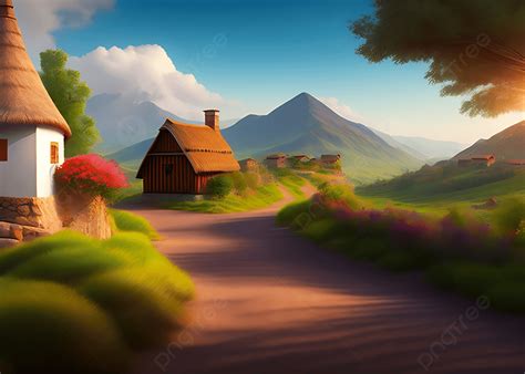 Village Beautiful Scenery With Colorful Background Ai Artwork, Village ...