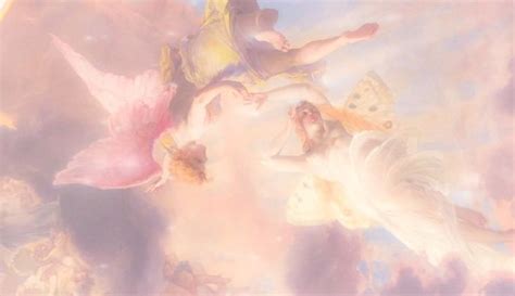 Three angels touch amidst soft clouds in pink and golden hues Soft ...