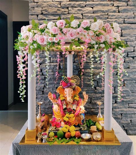 Ganpati decoration | Mandir decoration, Ganpati decoration at home ...