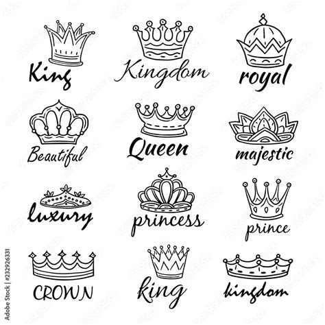 Sketch crowns. Hand drawn king, queen crown and princess tiara. Royalty ...