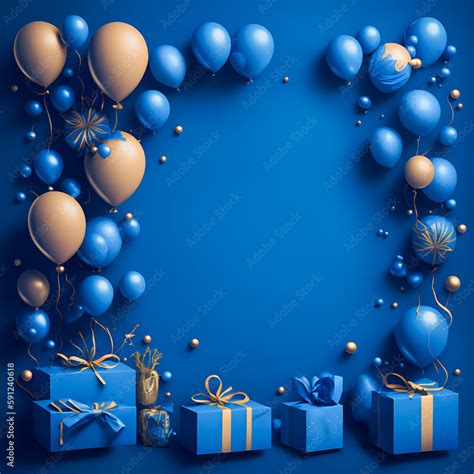 Blue birthday banner decor with balloons and presents, copy space ...