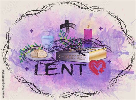 Religious Lent symbols on abstract purple background with the crown of ...