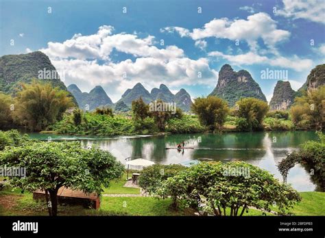 Yangshuo China views of the Yulong River and karst mountains from ...