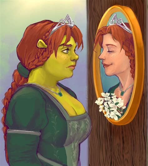 a painting of a woman looking at herself in the mirror with her hair ...