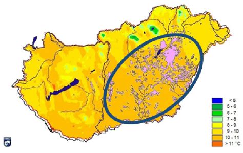 Annual average temperature map of Hungary (source: www.met.hu ...