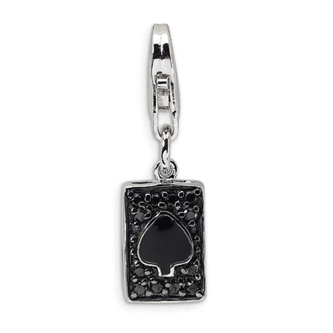 Sterling Silver CZ & Enameled Spade Card with Lobster Clasp Charm QCC320