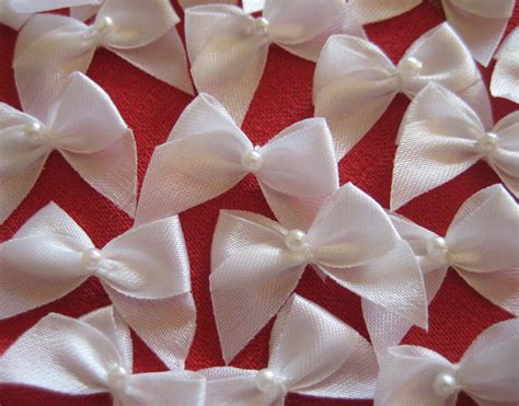 White Satin Ribbon Bow with Pearl in the center for Wedding | Etsy