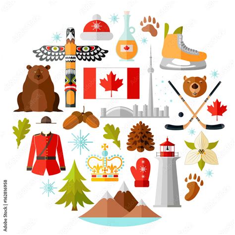 Traditional national symbols of Canada. Set of Canadian icons. Vector ...