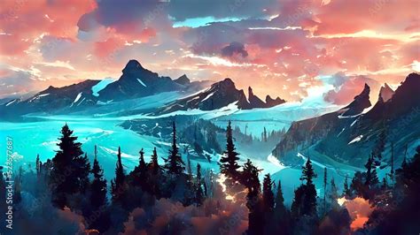 Mountain and trees landscape. Digital painting. 4K wallpaper ...