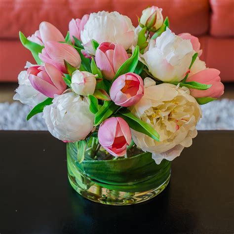 Silk White Peony & Real Touch Pink Tulip Arrangement – Flovery