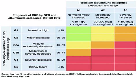 KDIGO heat map detailing the prognosis of CKD based upon GFR and ...