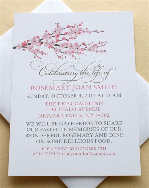 Celebration of Life Invitations with a Branch of Pink Blossoms