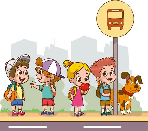 cute kids waiting for school bus cartoon vector 22982170 Vector Art at ...