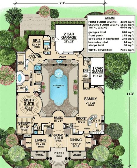 Plan 36186TX: Luxury with Central Courtyard | Pool house plans, Luxury ...