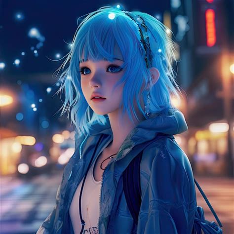 Premium AI Image | Blue Hair Cute Anime Girl in the City Street Lights