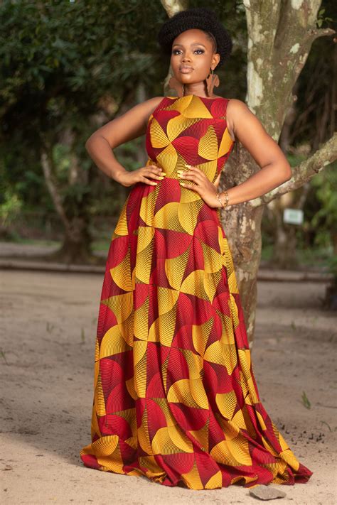 ZARINA African Print Ankara Maxi Dress, (Red/Yellow) - Naborhi