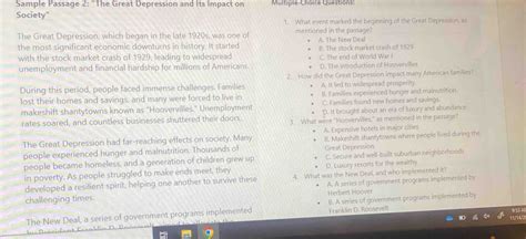 Solved: Sample Passage 2: "The Great Depression and Its Impact on ...