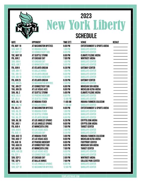 Printable2023 New York Liberty Basketball Schedule