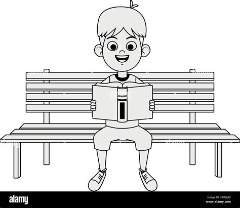 cartoon happy boy reading a book sitting on a bench, flat design Stock ...