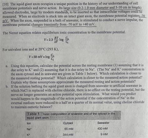 Solved [10] The squid giant axon occupies a unique position | Chegg.com