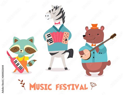 Stylish card or poster with cute animal band in cartoon style.Vector ...