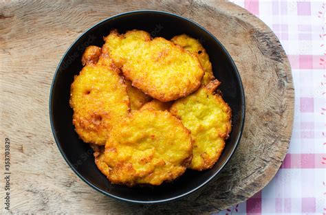 Bowl with traditional a Panamanian recipe known as "torrejas de maiz ...