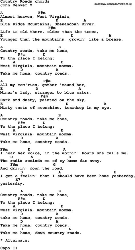 Song lyrics with guitar chords for Country Roads