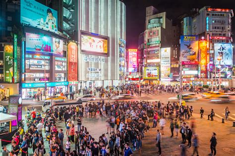 Taipei Crowds Illuminated By Neon Signs Ximen Shopping District Taiwan ...