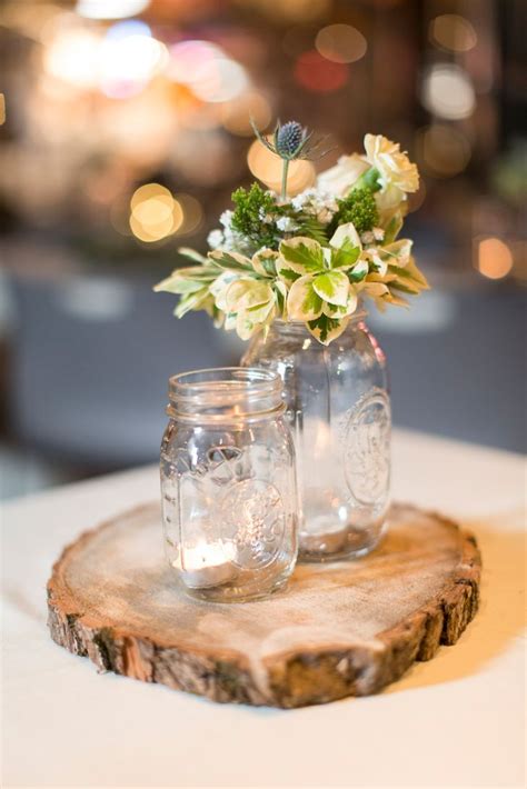 Mason Jar and Tree Slice Centerpiece | Rustic wedding centerpieces ...