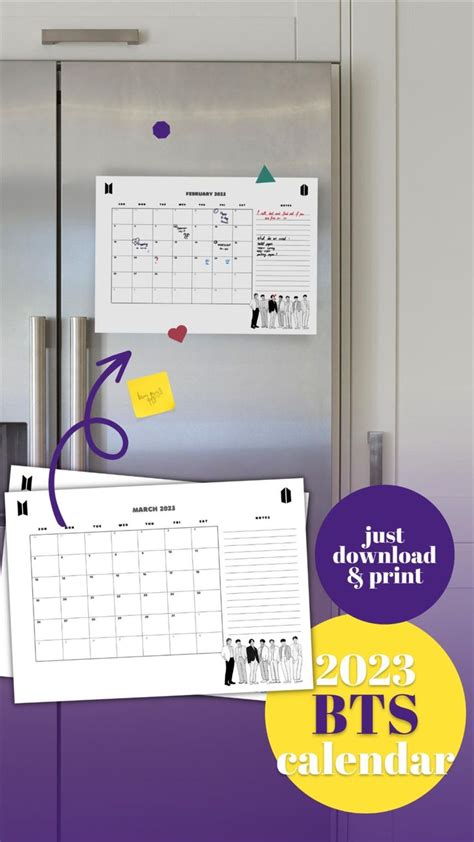 Printable 2023 BTS calendar, One-page calendar