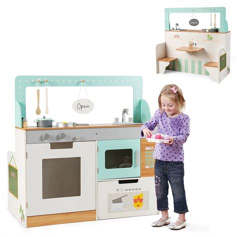 Costway 2 in 1 Kids Play Kitchen & Diner Restaurant Wooden Pretend ...