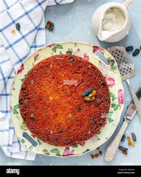 Traditional Kugel noodles and cream for Breakfast Stock Photo - Alamy