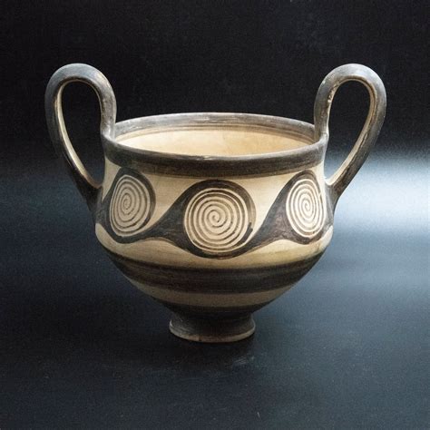 Greek Minoan Terracotta Pot, Two-Handled Cup with Hand-painted Spiral ...