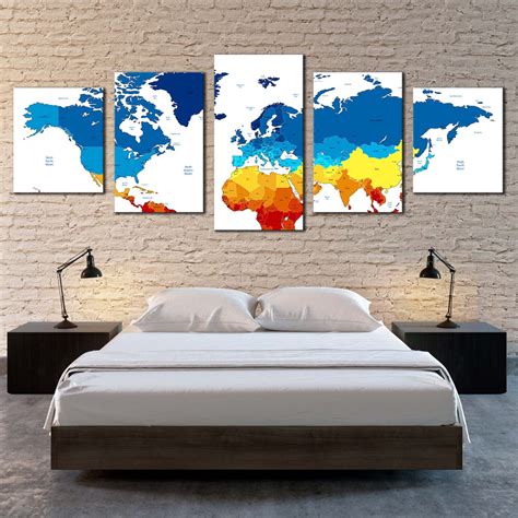 Detailed Map Canvas Wall Art, Colorful Map of Continents 5 Piece Canva ...