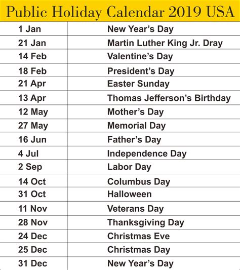 Public Holidays Calendar 2019 USA #2019Calendar #2019HolidaysCalendar ...