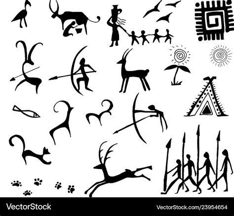 Set stone age rock drawings ancient art Royalty Free Vector