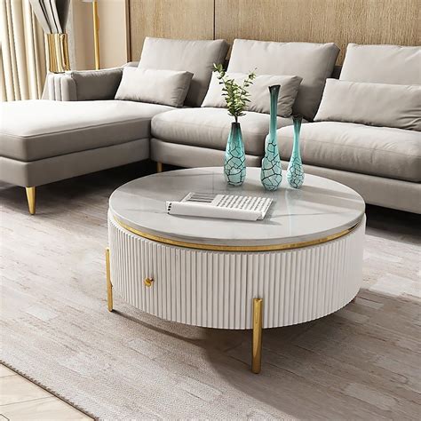 White Round Coffee Table with Storage Modern Faux Marble Accent Table ...