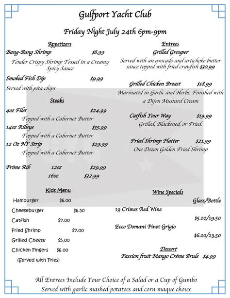 Lunch & Dinner Menus - Gulfport Yacht Club