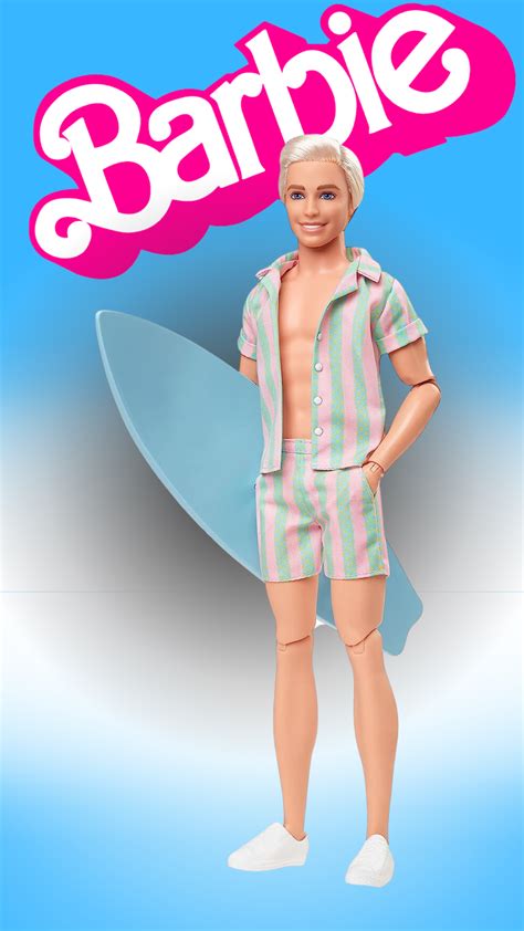 Barbie The Movie Ken Doll Wearing Pastel Pink and Green Striped Beach ...