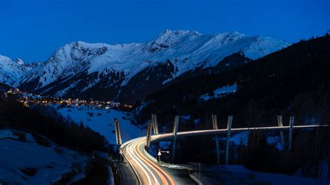 Wallpaper : mountains, road, night, snow, snowy mountain, light trails ...