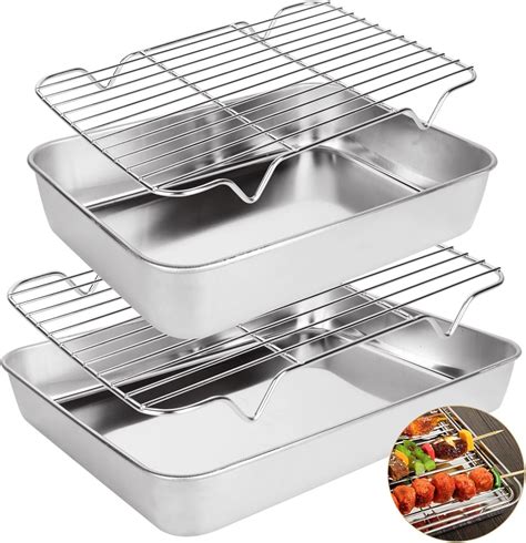 GOYADA 4 PCS Stainless Steel Roasting Tray with Rack, 2In Depth Non ...