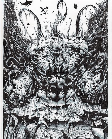 a black and white drawing of an alien creature surrounded by other ...