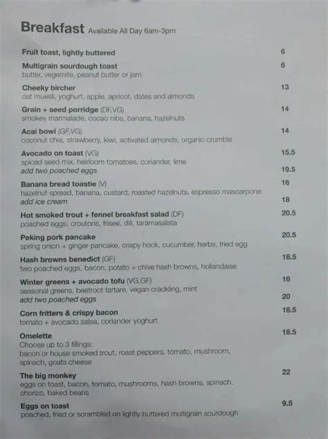 Cheeky Monkey Menu, Menu for Cheeky Monkey, Richmond, Melbourne ...