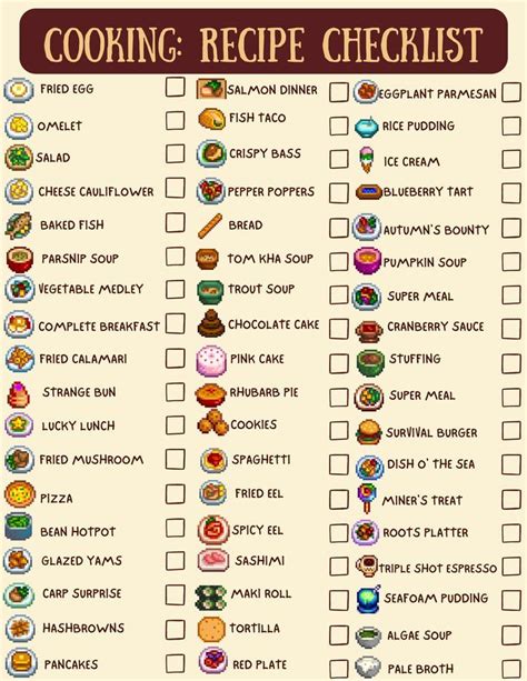 Stardew Valley Cooking Recipe Checklist (All Recipes + Ginger Island) 🏝 ...