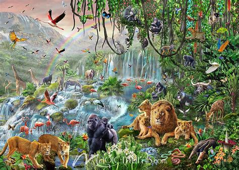 Jungle Waterfall Animals Wallpaper Mural by Magic Murals