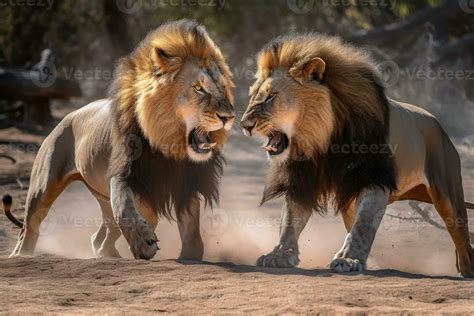 Two strong male lions fighting created with generative AI technology ...