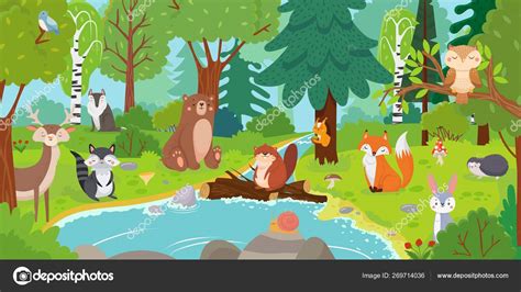 Cartoon forest animals. Wild bear, funny squirrel and cute birds on ...