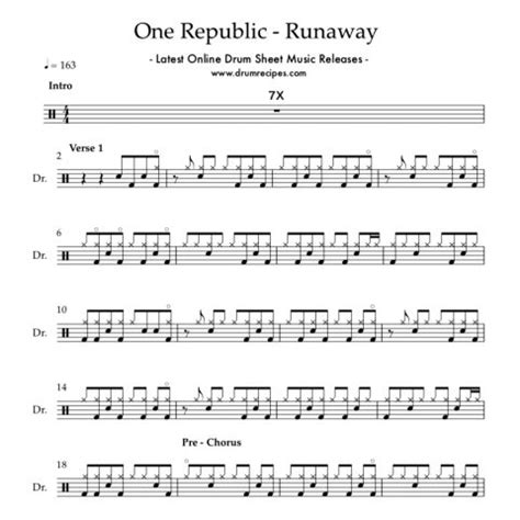 One Republic - Runaway - Drum Sheet Music - DrumRecipes.com